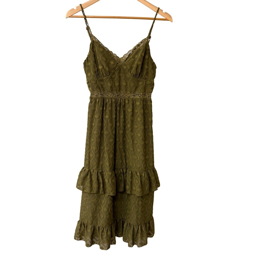 Max+Ash Tiered Midi Babydoll Dress Lace Trim Olive Green Smocked Back Size Small